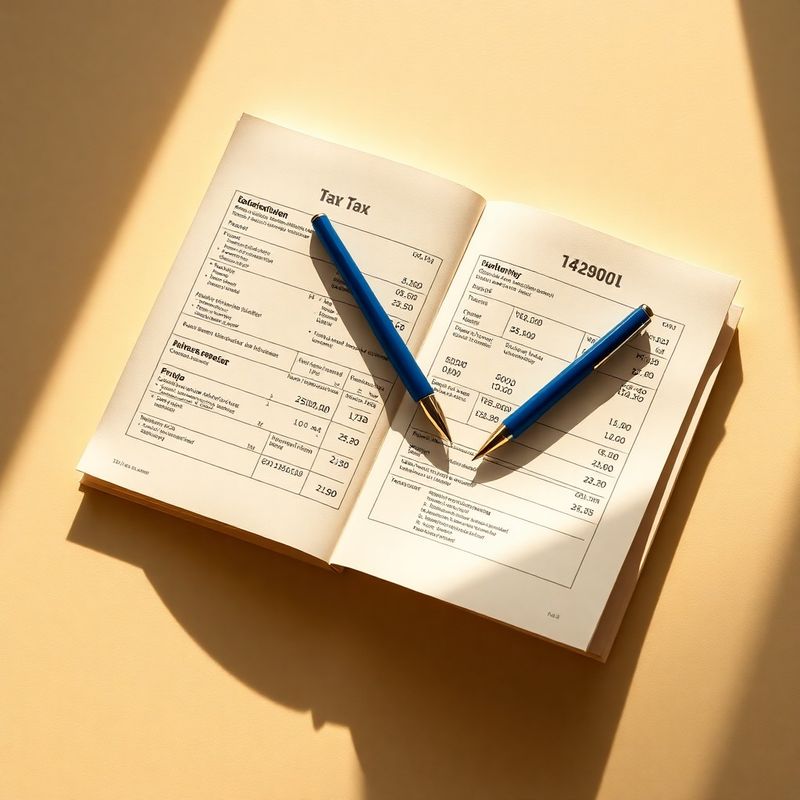 Documente fiscale și un stilou albastru-cerneală pe un birou alb, în lumină laterală caldă